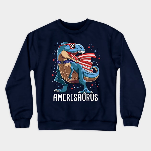 Amerisaurus T Rex Dinosaur 4th Of July Gift For Kids Boys Crewneck Sweatshirt by HCMGift